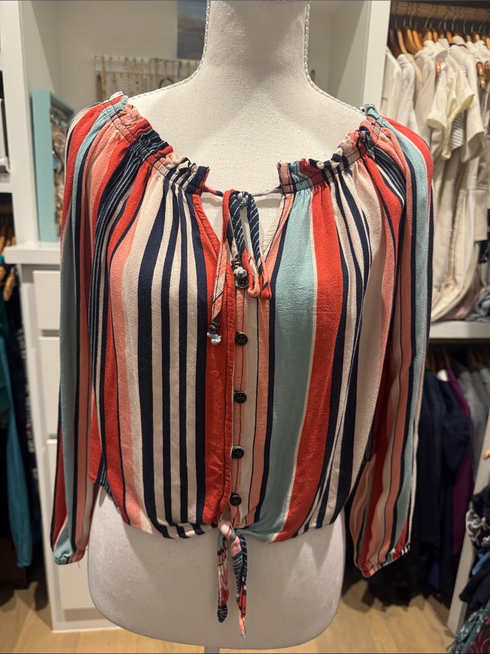 Jolt Multicolor Striped Off-Shoulder Tie-Front Crop Top Summer top SM